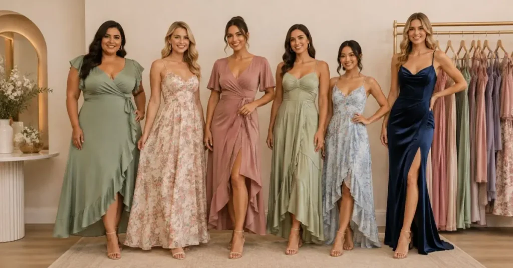 Six women in flattering occasion dresses showcasing different silhouettes and body shapes in an elegant boutique showroom.