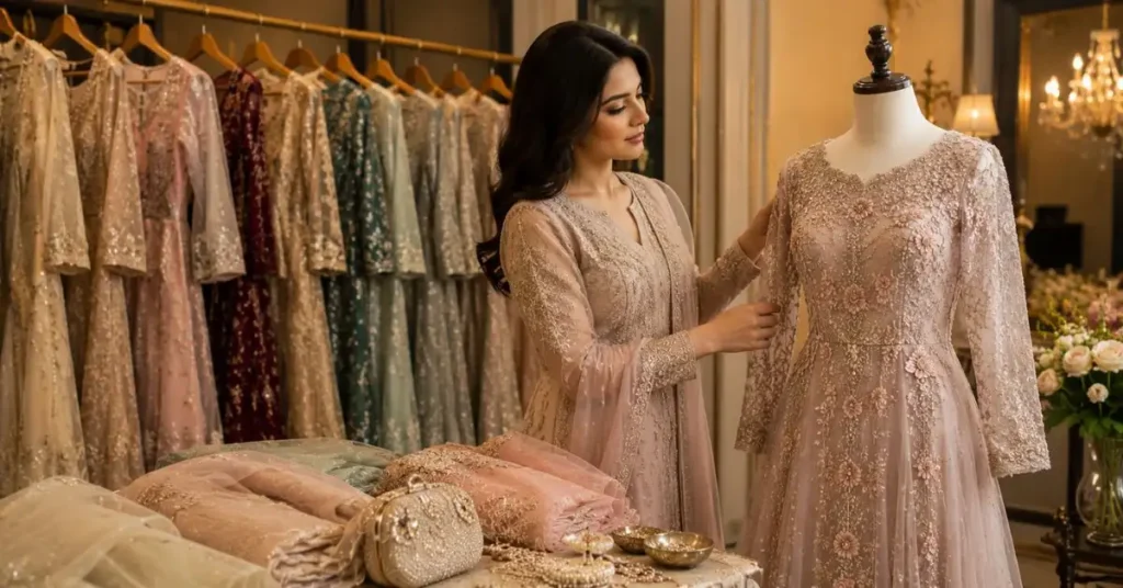 A woman selecting an embroidered net luxury dress in an elegant boutique filled with layered fabrics and embellished gowns.