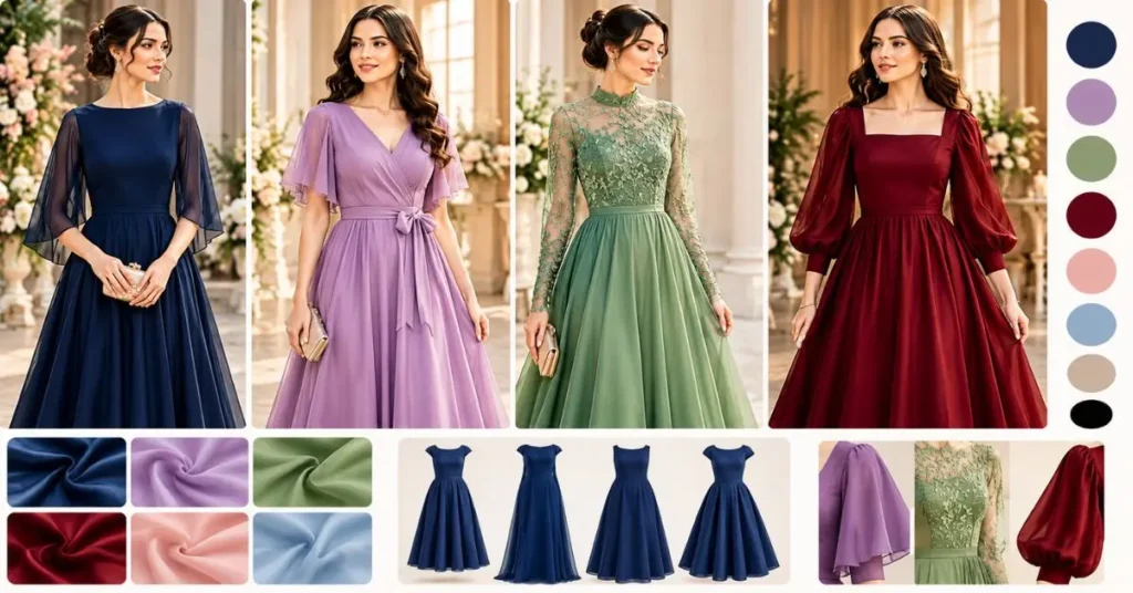 Women in elegant program dresses showcasing different silhouettes, fabrics, colors, and styles for formal special occasions.