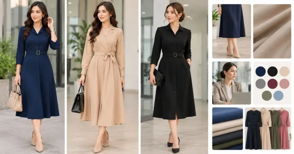 Three women wearing elegant office work dresses in navy, beige, and black, with fabric, color, and professional styling details.