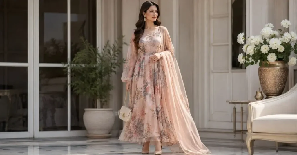 Woman wearing an elegant flowing chiffon floral dress with a matching shawl, nude heels, jewelry, and a cream handbag in a luxurious setting.