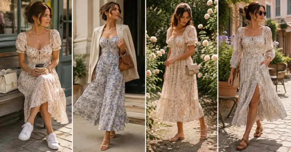 Woman wearing a romantic floral dress styled with modern accessories, including minimalist sneakers, sleek sandals, structured handbags, and delicate jewelry.