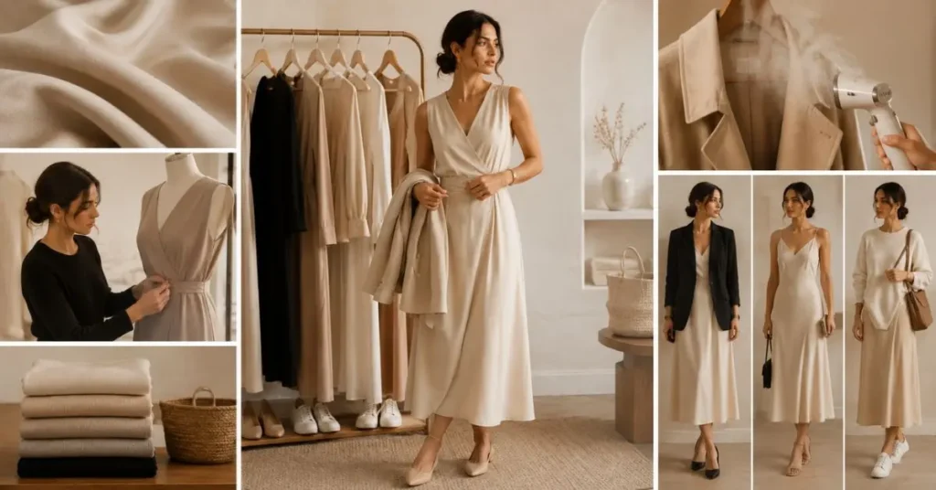 Woman creating a quiet luxury look on a budget with a neutral dress, tailored blazer, quality fabrics, and versatile minimalist styling.