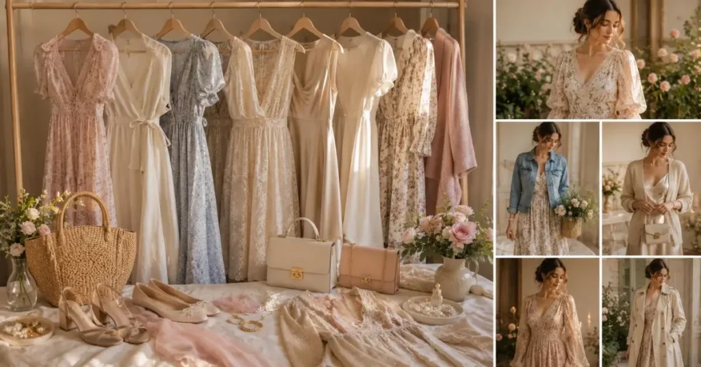 Romantic wardrobe with flowy maxi dresses, wrap dresses, lace pieces, neutral slip dresses, woven handbags, delicate shoes, and feminine accessories.