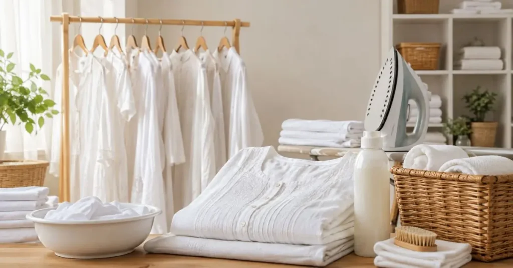 White cotton clothing being washed, dried, ironed, and neatly stored to keep it fresh and bright.