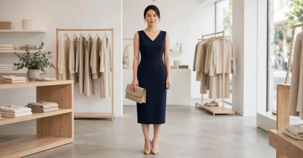 Elegant woman with a full face visible wearing an affordable navy formal gown, styled with simple jewelry, a clutch, and polished shoes in a luxurious evening setting.