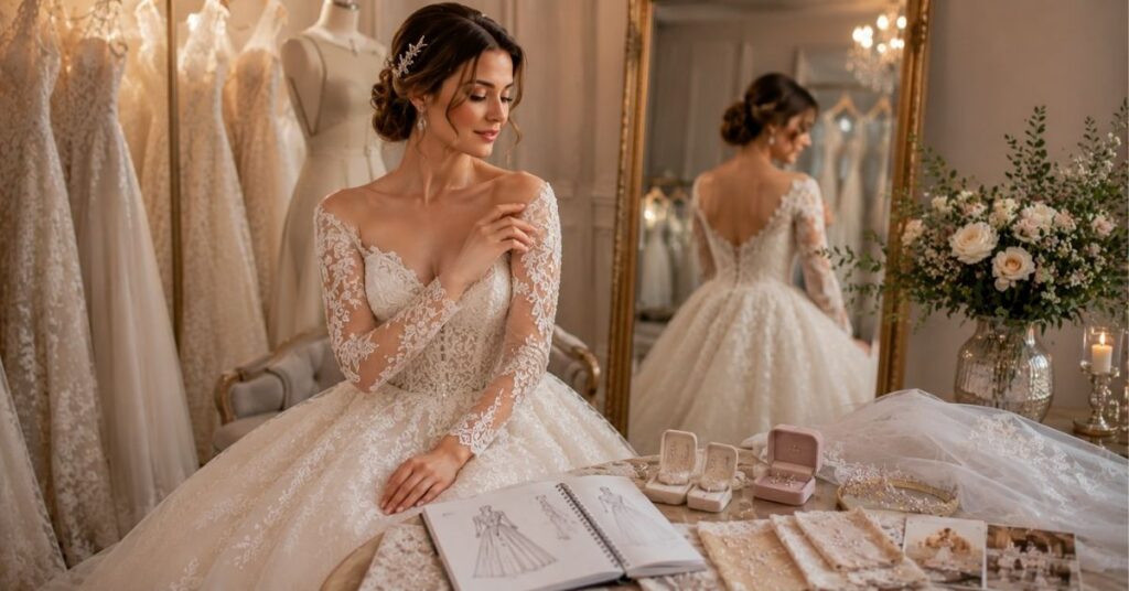 Bride personalizing an ivory wedding gown with lace details, jewelry, a hairpiece, veil, and custom design elements in an elegant bridal boutique.