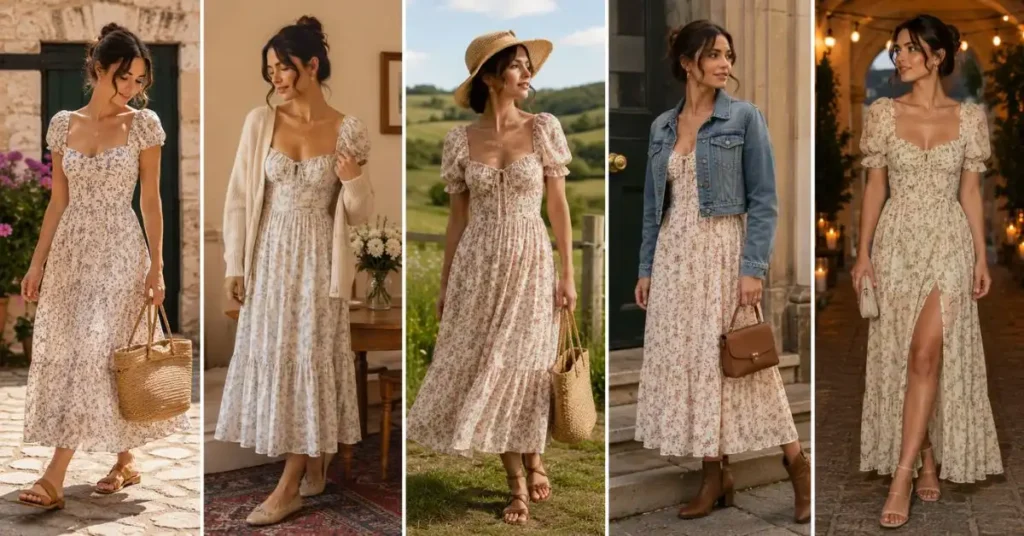 Woman styling a romantic floral Doen dress with sandals, woven bags, delicate jewelry, a cardigan, and a denim jacket for versatile seasonal looks.
