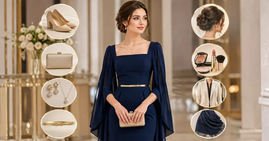 Elegant woman wearing a navy program dress with coordinated heels, clutch, jewelry, belt, hairstyle, makeup, and outerwear.