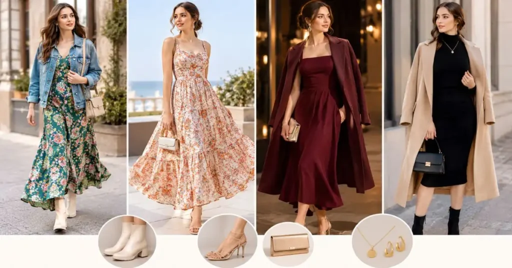 Woman styling ASOS dresses with boots, heels, layered jackets, handbags, and elegant jewelry for different occasions.