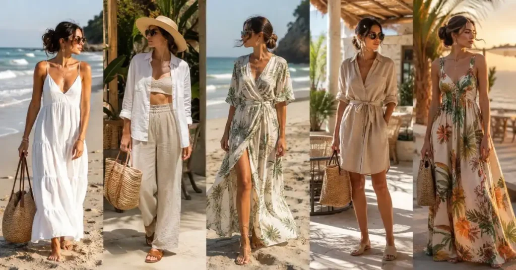 Woman wearing stylish beach vacation outfits with sandals, straw bags, sunglasses, tropical prints, and lightweight dresses at a sunny seaside resort.