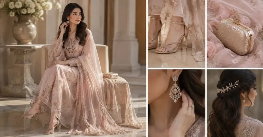 Woman wearing an elegant embellished chiffon fancy dress styled with heels, a clutch, statement earrings, and a delicate hair accessory in a luxurious setting.