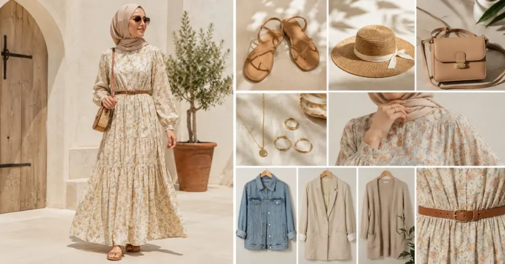 How to style modest summer dresses with sandals, a sun hat, crossbody bag, simple jewelry, lightweight layers, and a waist belt.