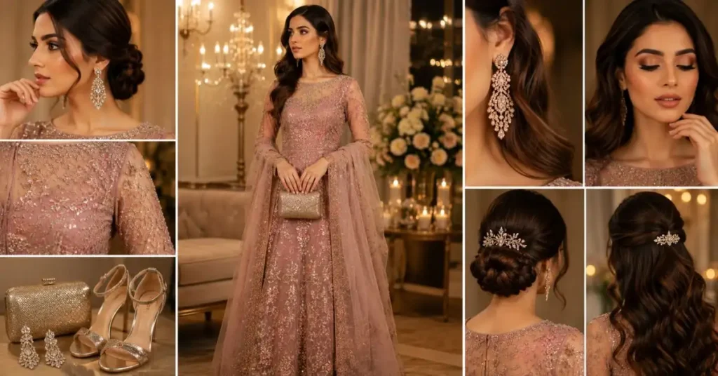 Elegant woman styling a net luxury dress with chandelier earrings, a refined clutch, heels, soft waves, and balanced makeup in a luxurious evening setting.