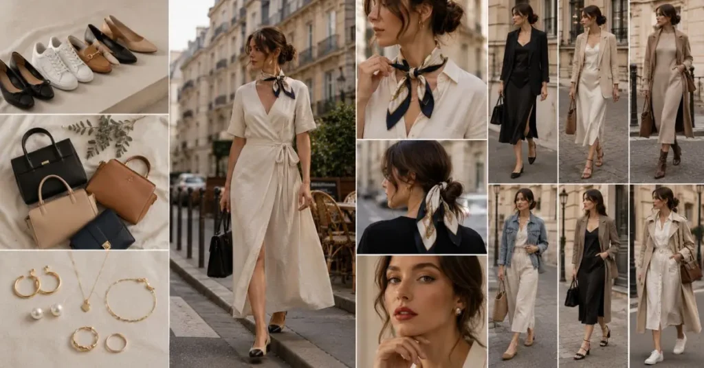 Elegant collage showing how to style Parisian Style Dresses with classic accessories, including ballet flats, loafers, structured handbags, delicate gold jewelry, silk scarves, tailored blazers, natural hairstyles, minimal makeup, and layered outfits inspired by timeless French fashion.