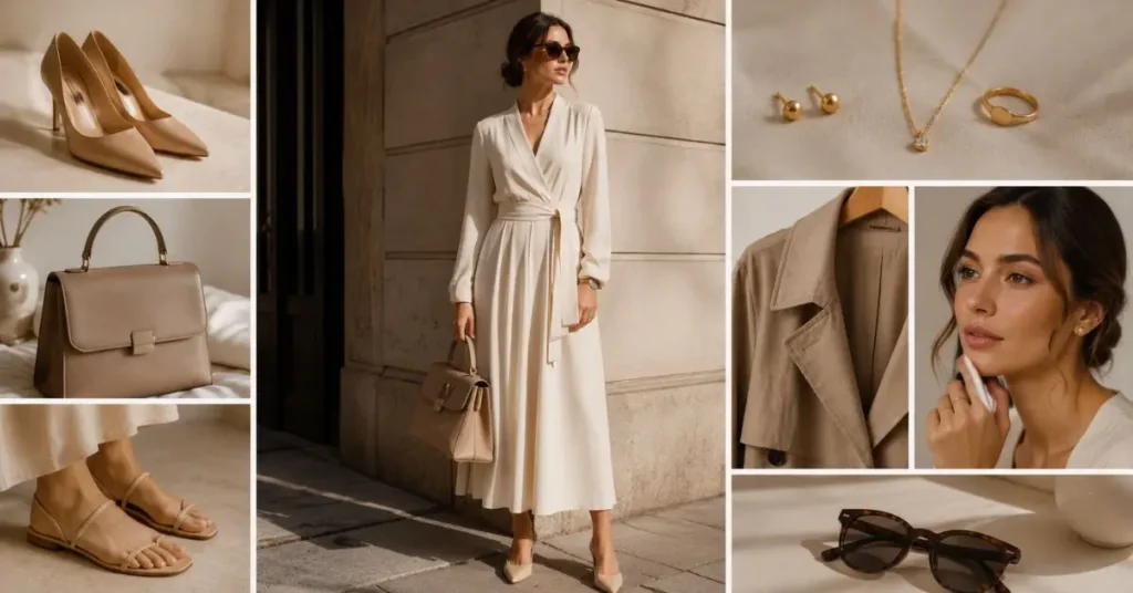 Woman styling a quiet luxury dress with neutral heels, structured handbag, minimal gold jewelry, sunglasses, and a classic trench coat.