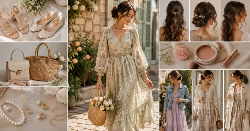 How to style romantic style dresses with ballet flats, woven handbags, delicate jewelry, soft hairstyles, natural makeup, denim jackets, knit cardigans, and elegant outerwear.