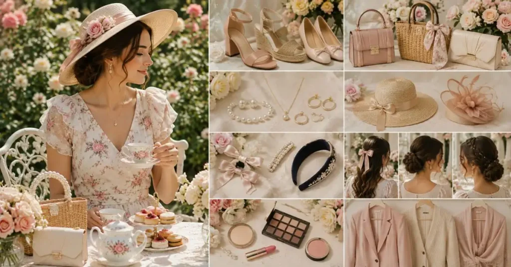Elegant tea party styling inspiration featuring a floral dress, wide-brim hat, pearl jewelry, chic handbags, comfortable shoes, hair accessories, soft hairstyles, natural makeup, and lightweight layering pieces arranged in a romantic garden setting.