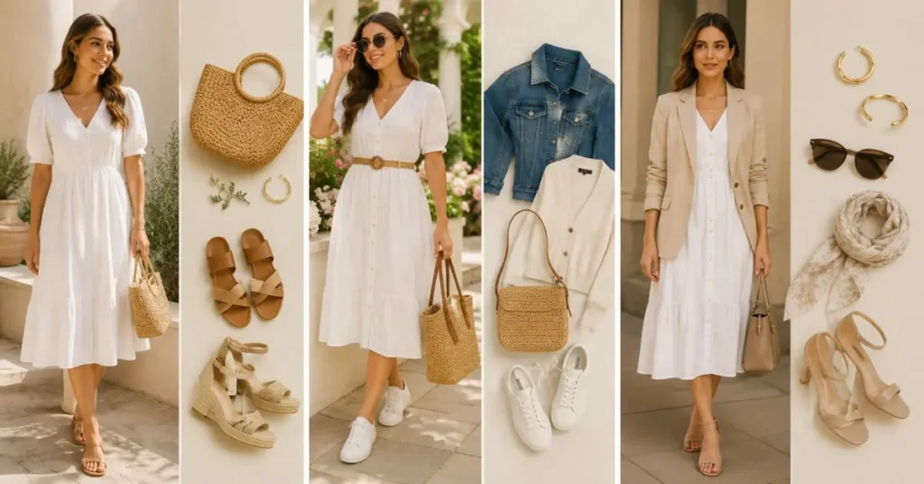 How to style white cotton dress ideas with sandals, woven bags, gold jewelry, sunglasses, denim jackets, cardigans, linen layers, and blazers.