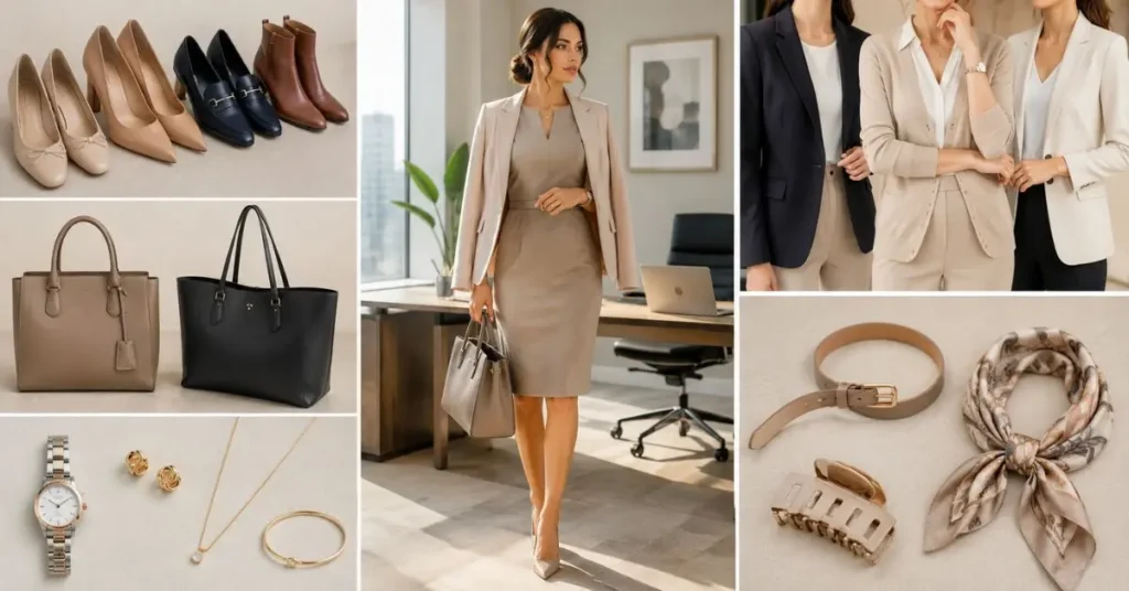 Professional woman wearing a tailored work dress with a blazer, structured handbag, and polished shoes in a modern office, surrounded by coordinated jewelry, belts, scarves, and other office accessories.