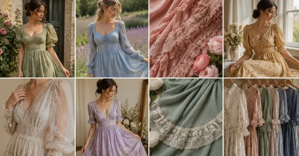 Key features of romantic style dresses with soft colors, puff sleeves, floral prints, lace details, ruffles, flowing fabrics, and vintage-inspired silhouettes.