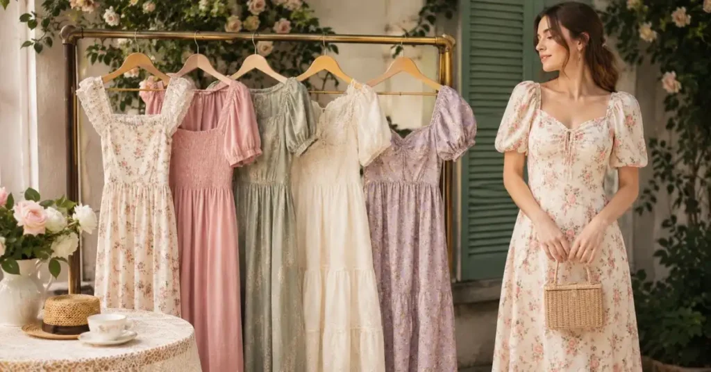Romantic fashion display featuring floral dresses, soft feminine silhouettes, vintage-inspired prints, puff sleeves, lace details, and natural fabrics in a garden setting.