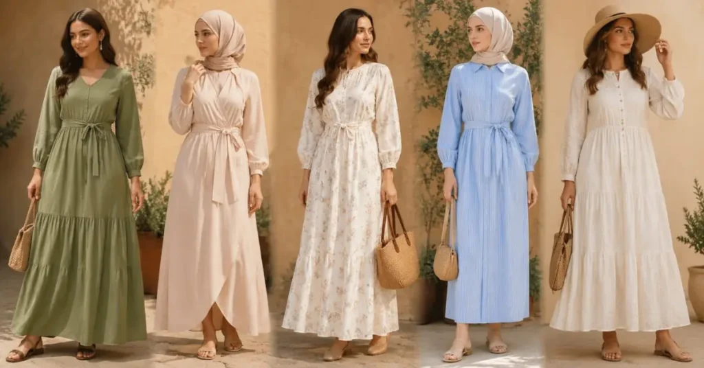 Modest summer dresses for different body shapes in elegant, comfortable maxi styles.