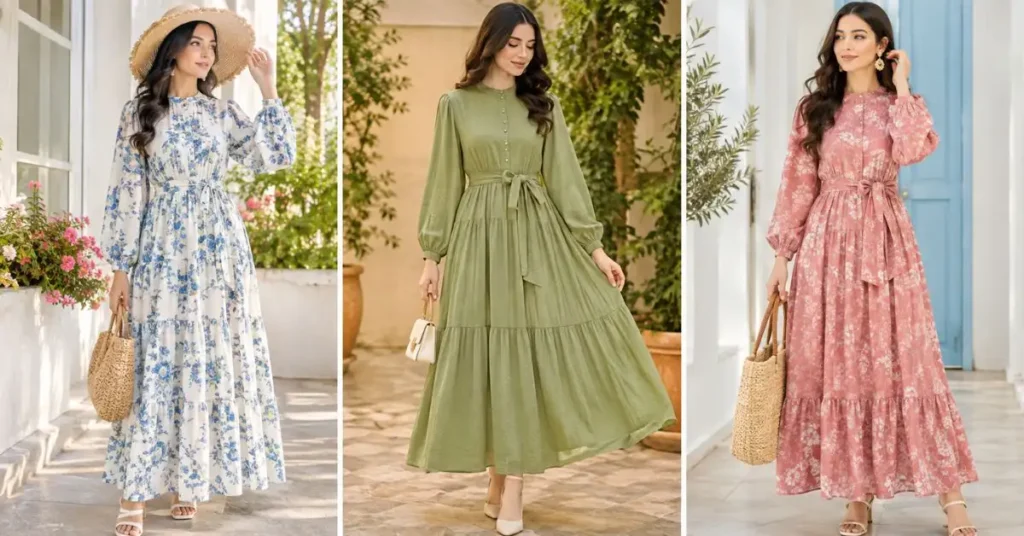 Three women wearing elegant modest summer dresses in floral, sage green, and soft pink styles for comfortable warm-weather looks.