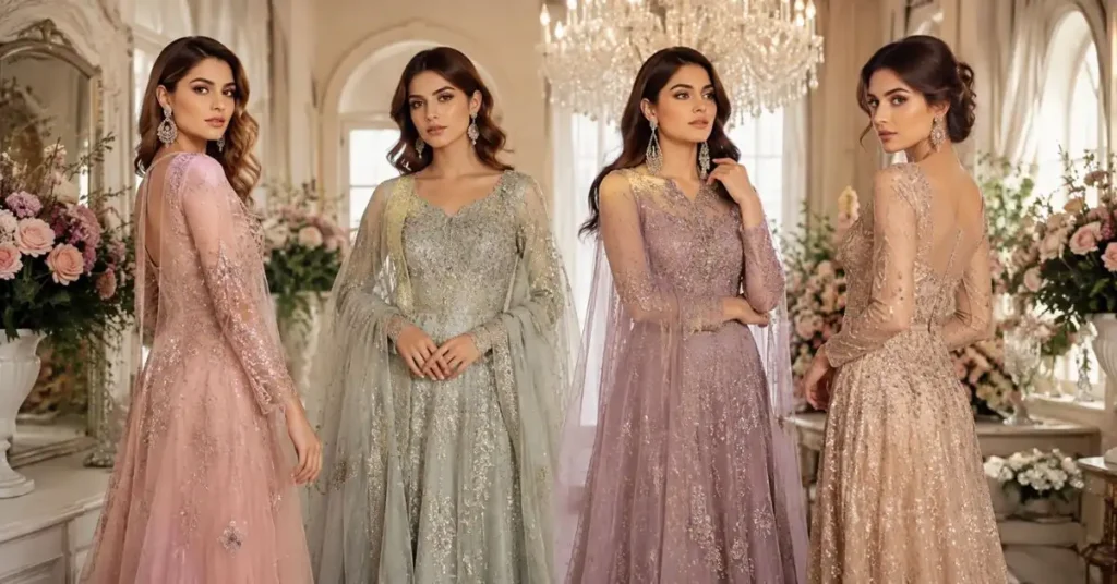 Four women wearing elegant net luxury dresses with intricate embroidery and embellishments in soft pastel shades, posed in a luxurious indoor setting.