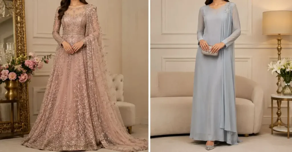 A side-by-side comparison of a heavily embellished net luxury dress and a simple, elegant formal gown, highlighting differences in detailing and style.