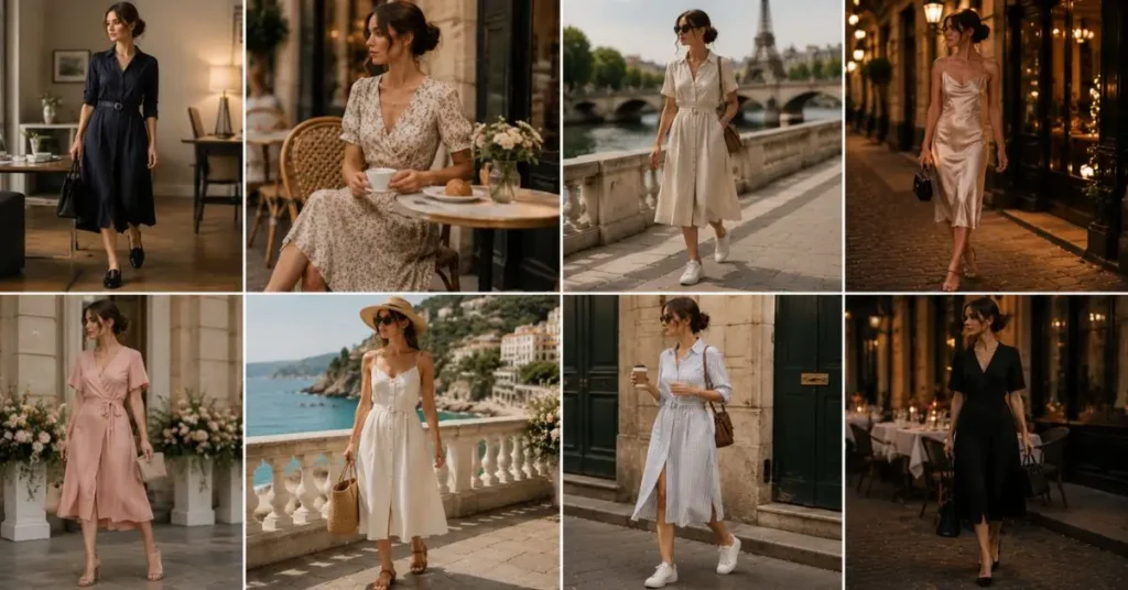 Elegant collage of Parisian Style Dresses for every occasion, featuring chic office, brunch, travel, date night, wedding guest, vacation, everyday, and dinner outfits styled with timeless French-inspired fashion and neutral accessories.