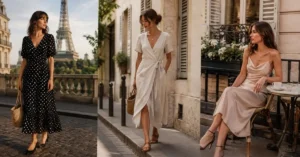 Elegant Parisian Style Dresses featuring three women wearing timeless French-inspired outfits, including a polka dot midi dress, a linen wrap dress, and a satin slip dress, photographed on charming Paris streets with classic architecture and a café backdrop.