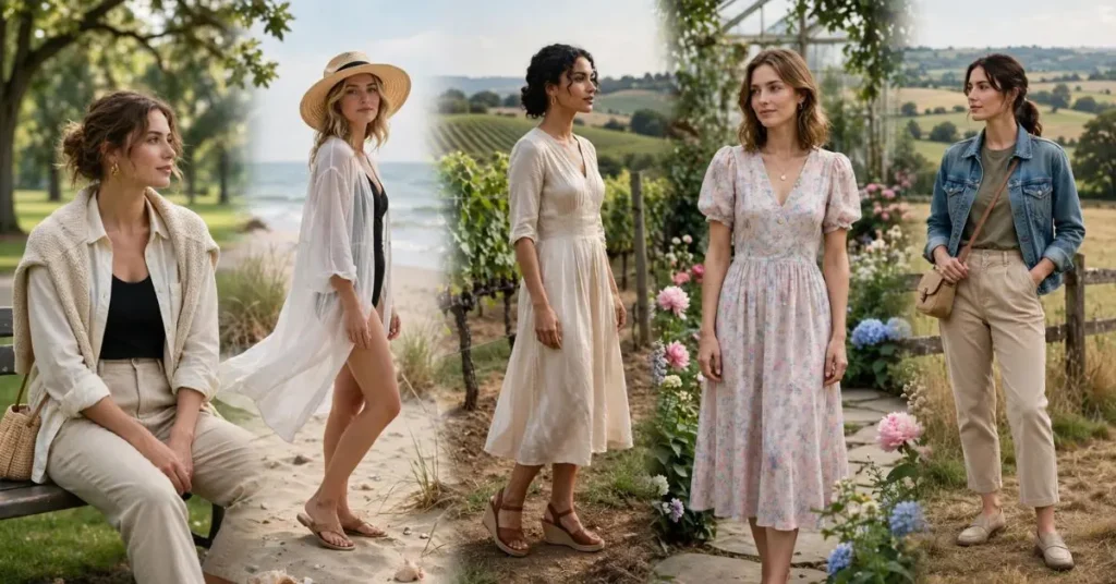 Stylish women wearing elegant picnic outfits for a park, beach, countryside, and botanical garden, featuring flowy dresses, linen sets, comfortable footwear, and coordinated accessories in beautiful outdoor settings