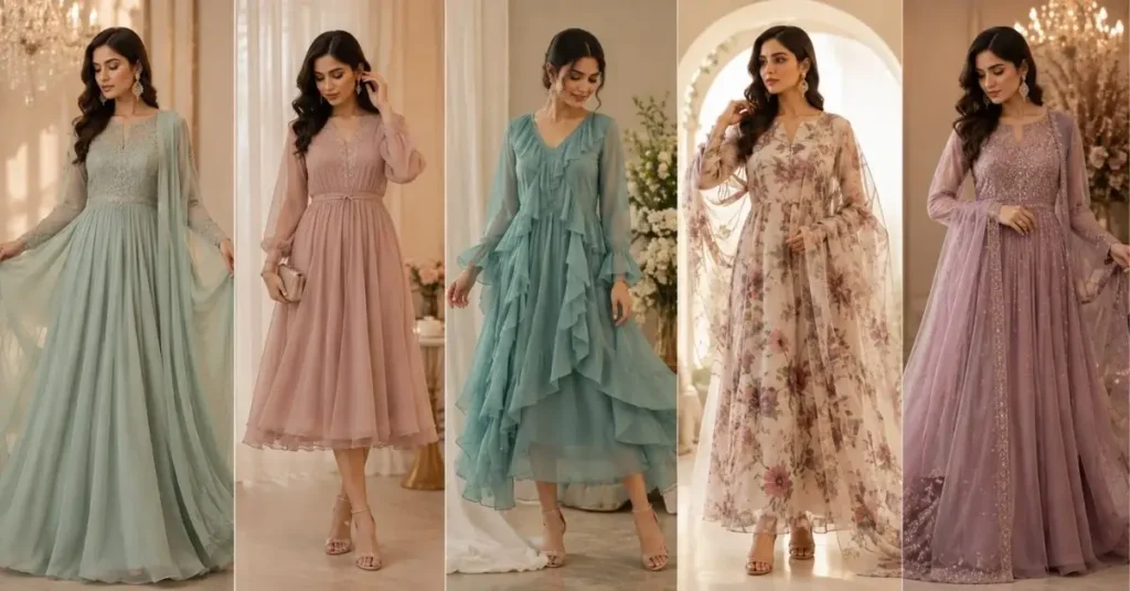 Popular chiffon fancy dress styles featuring elegant flowing silhouettes for special occasions.