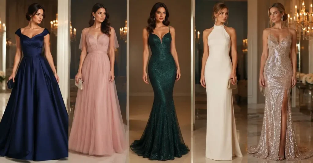 Five women wearing elegant gala dresses in different styles, including floor-length satin, A-line, mermaid, minimalist column, and sequined gowns, posing in a luxurious evening setting.