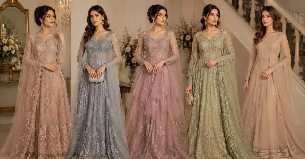 Five women showcasing popular net luxury dress styles, including embroidered, embellished, layered, long, and minimalist net gowns in elegant pastel shades.