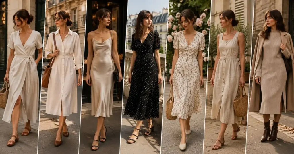Collage of popular Parisian Style Dresses in 2026 featuring elegant wrap, shirt, slip, midi, floral, linen, and knit dresses styled in neutral tones against charming Paris-inspired streets and classic French architecture.