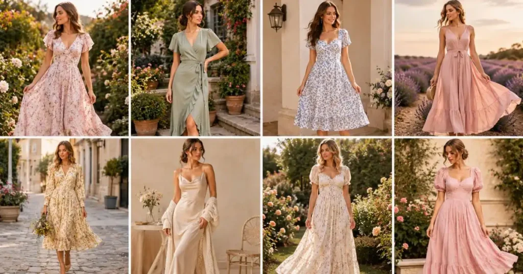 Popular romantic dress silhouettes including A-line, wrap, fit-and-flare, maxi, midi, slip, empire waist, and puff-sleeve styles in soft feminine colors.