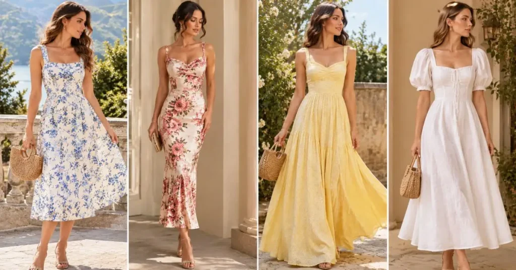 Popular Reformation dress styles including floral prints, fitted midi silhouettes, flowing maxi dresses, and lightweight linen summer dresses.