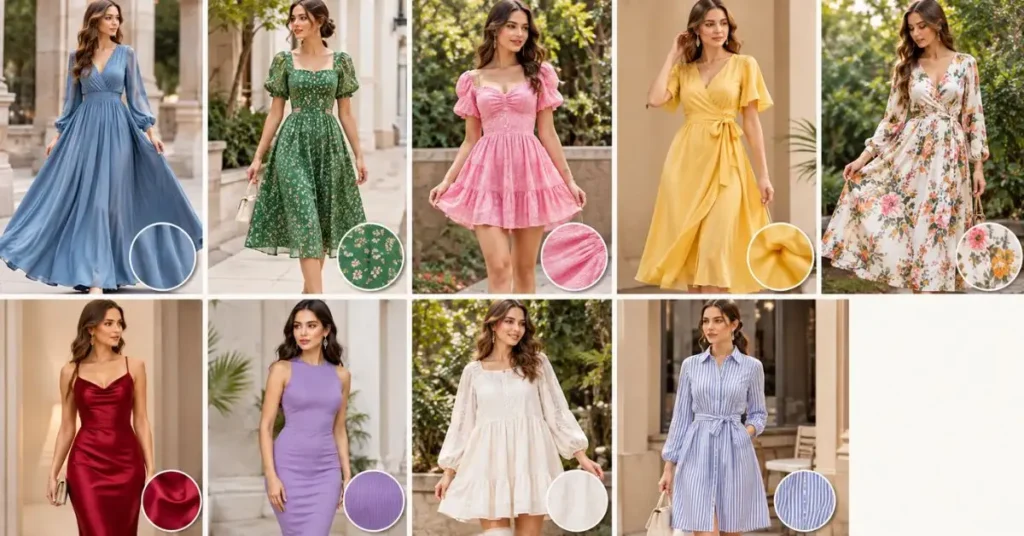 Popular ASOS dress styles including maxi, midi, mini, wrap, floral, satin, bodycon, smock, and shirt silhouettes.