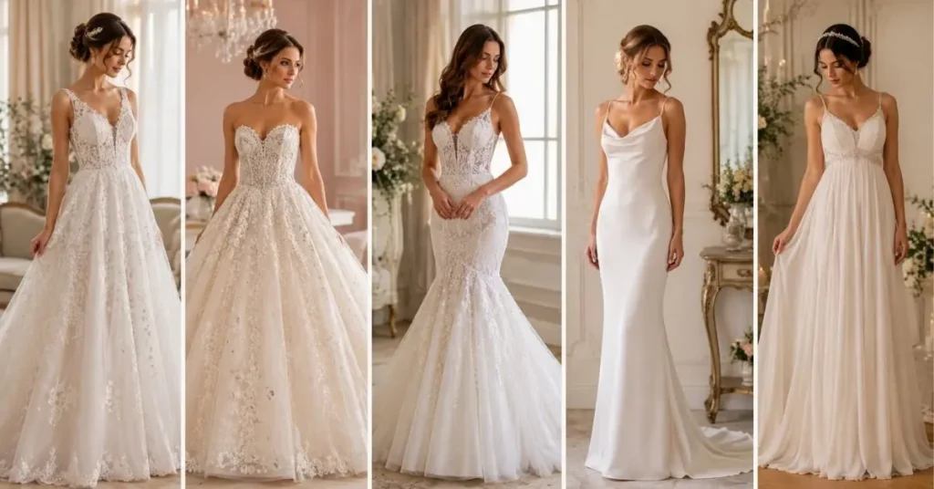 Bridal gown style collage featuring A-line, ball gown, mermaid, column, sheath, and empire-waist wedding dress designs in elegant settings.