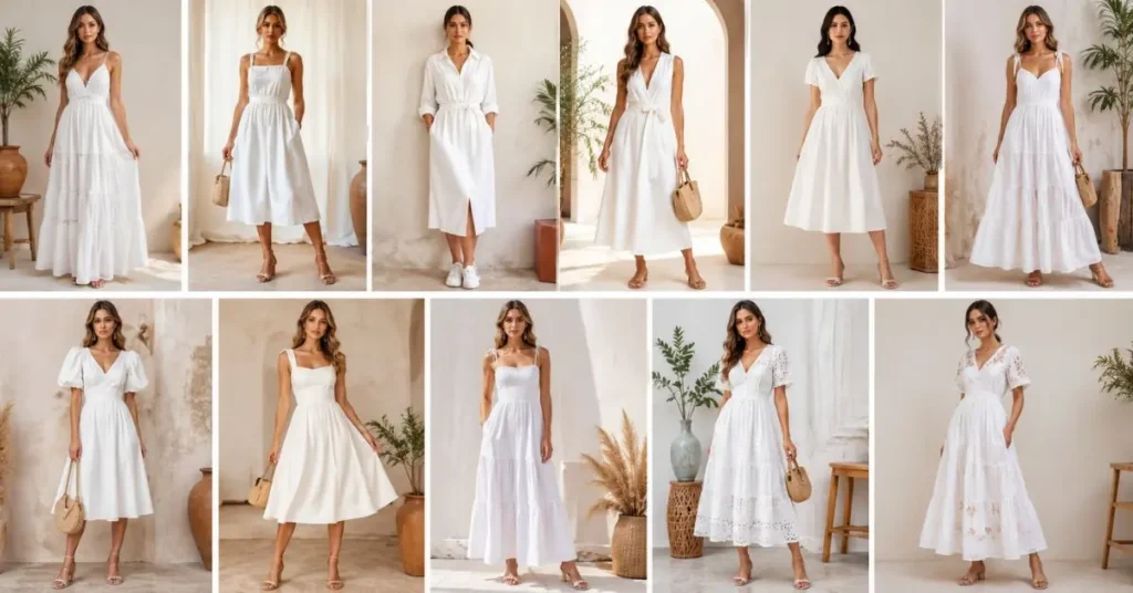 Popular white cotton dress styles including maxi, midi, shirt, wrap, A-line, tiered, puff-sleeve, fit-and-flare, smocked, eyelet, and embroidered designs.