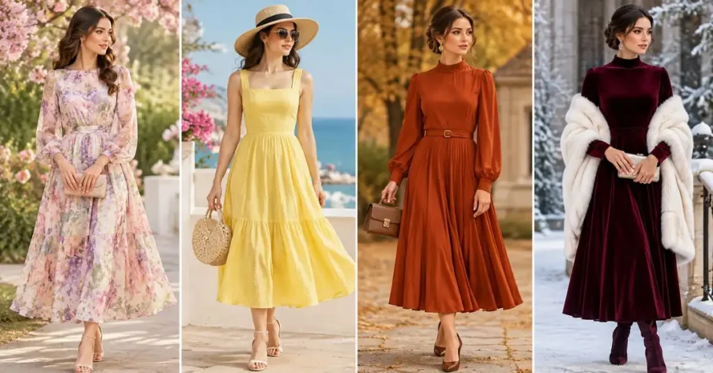 Four seasonal program dress looks featuring a floral spring dress, lightweight summer outfit, rich fall dress, and elegant velvet winter ensemble.