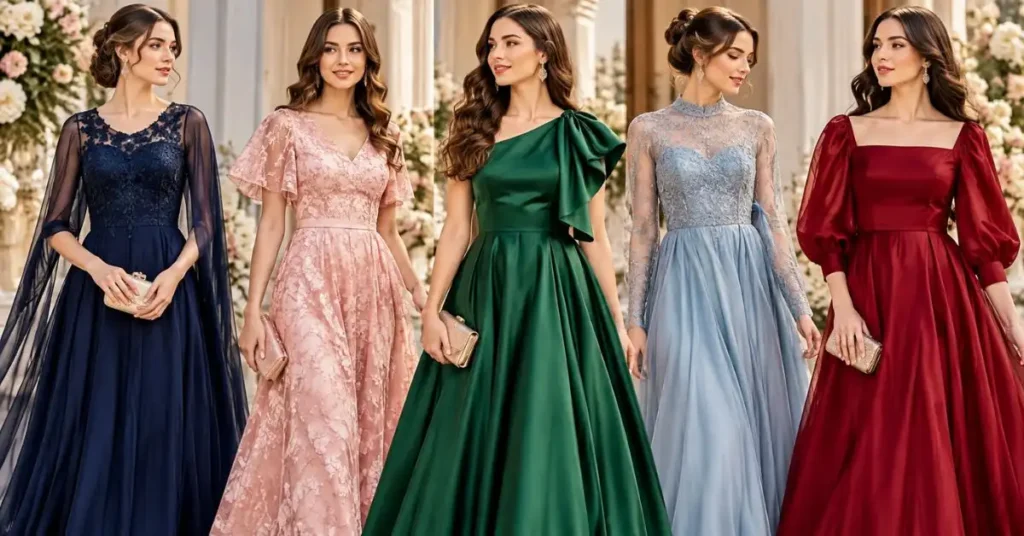 Elegant program dress ideas featuring women in sophisticated formal gowns for special occasions.