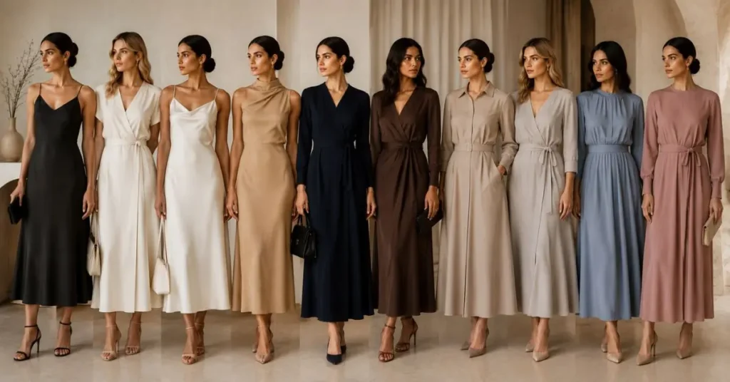 Quiet luxury dress colors including black, ivory, beige, navy, brown, taupe, soft gray, muted blue, and dusty rose.
