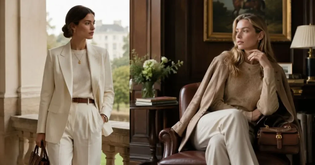 Quiet luxury and old money fashion styles compared through timeless silhouettes, neutral colors, refined fabrics, and classic styling.