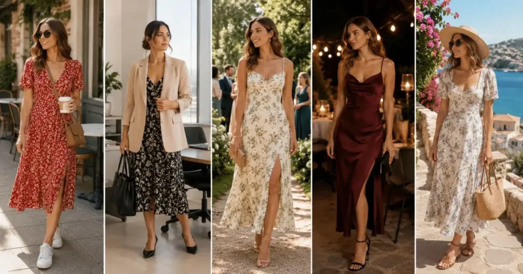 Reformation dresses styled for different occasions, including casual daytime outings, garden parties, vacations, dinners, and elegant evening events.