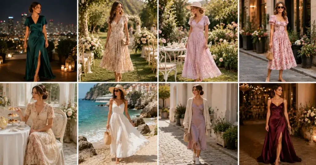Romantic outfit ideas for different occasions, featuring elegant dresses for date nights, weddings, garden parties, brunch, afternoon tea, vacations, casual days, and evening events.