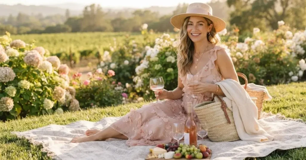 : A woman wearing a blush flowy midi dress with delicate gold jewelry and a wide-brim hat enjoying a romantic picnic in a lush green park, featuring a woven basket, cozy picnic blanket, fresh flowers, and soft golden-hour sunlight for an elegant outdoor date look.