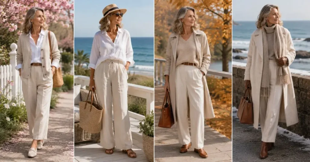 Seasonal Coastal Grandmother Outfit ideas featuring elegant spring, summer, autumn, and winter looks with timeless neutral clothing and layered coastal-inspired styling.